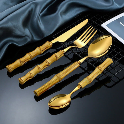 4pcs Gold Bamboo Handle And Steel Tableware Cutlery For Luxury Dinnerware Set